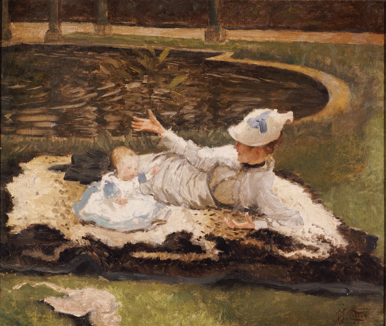 Rouva Newton lapsen kanssa uima-altaalla tekijältä James Jacques Joseph Tissot