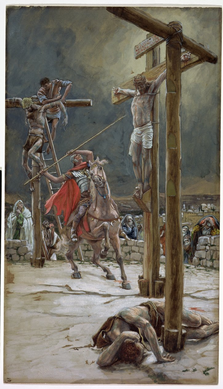 Yksi sotilaista, jonka keihäs lävisti kylkeensä, kuvitus teokseen The Life of Christ, n. 1886-1894 (wc ja guassi pahville) tekijältä James Jacques Joseph Tissot