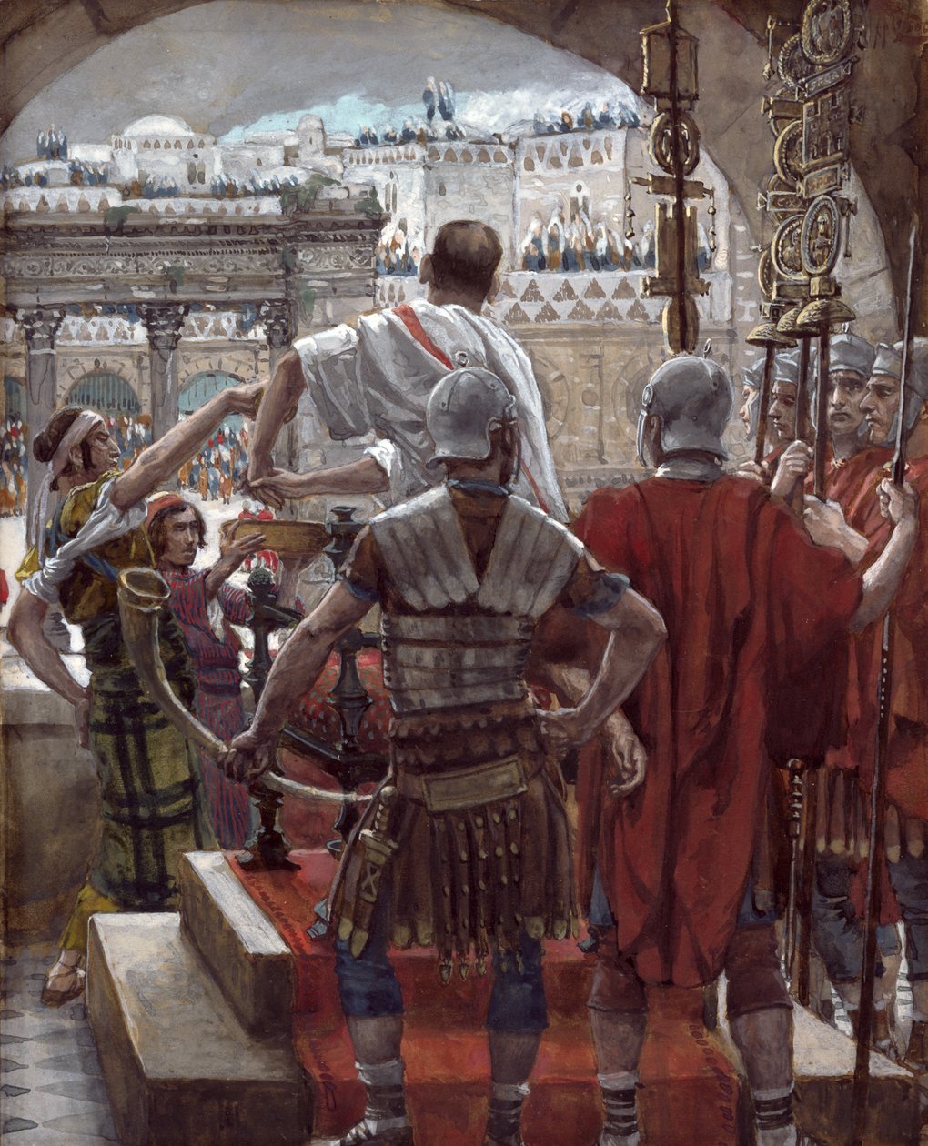 Pilatus pesee kätensä, kuvitus teokselle The Life of Christ, n. 1886-1894 (wc ja guassi pahville) tekijältä James Jacques Joseph Tissot