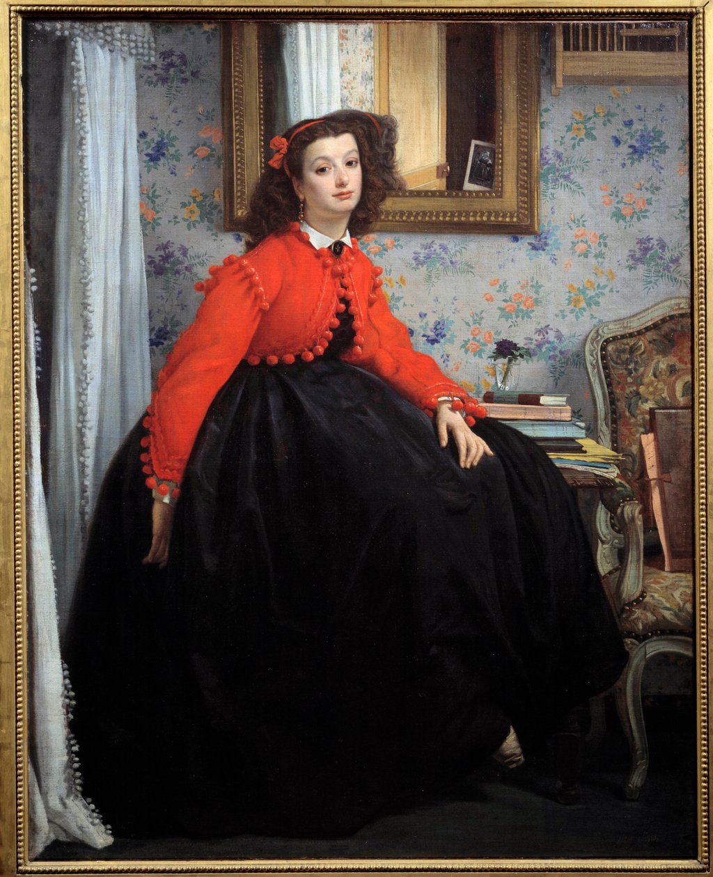 Täyspitkä muotokuva Mademoiselle L. L.:stä tai nuoresta tytöstä punaisessa takissa Jacques Josephin maalaus (Jacques-Joseph) Tissot dit James Tissot (1836-1902) 1864 Su. 1,24 x 0,99 m Pariisi, Orsay-museo tekijältä James Jacques Joseph Tissot