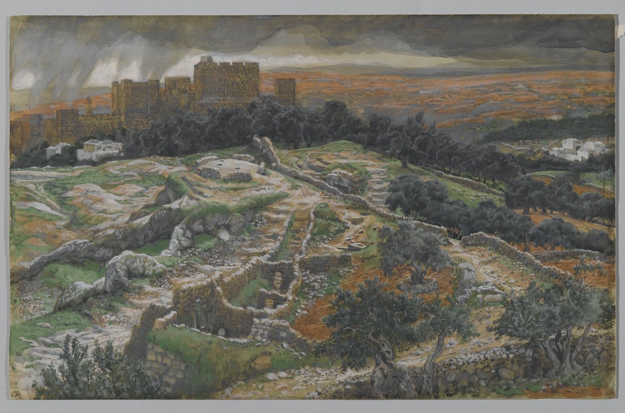 Golgatan ja pyhän haudan jälleenrakentaminen Tuomioportilta katsottuna, kuva Herramme Jeesuksen Kristuksen elämästä (wc grafiitin päällä paperilla) tekijältä James Jacques Joseph Tissot
