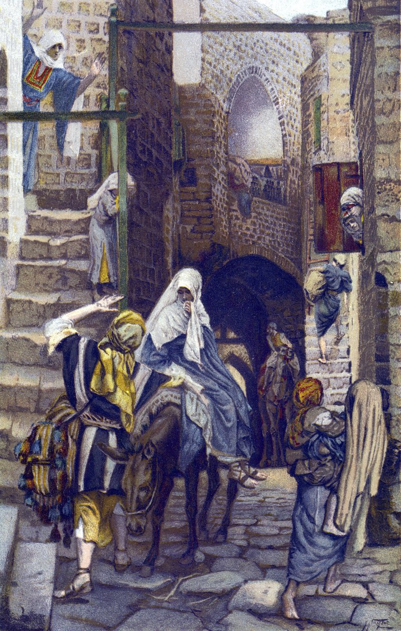 Pyhä Joseph etsii majoitusta Betlehemistä - Pyhä Joosef etsii majoitusta Betlehemistä - teoksesta "" Herramme Jeesuksen Kristuksen elämä"" - 1899, James Tissot - Pyhä Joosef etsii majoitusta Betlehemistä - Herramme Jeesuksen Kristuksen elämä, Kirjailija: J tekijältä James Jacques Joseph Tissot