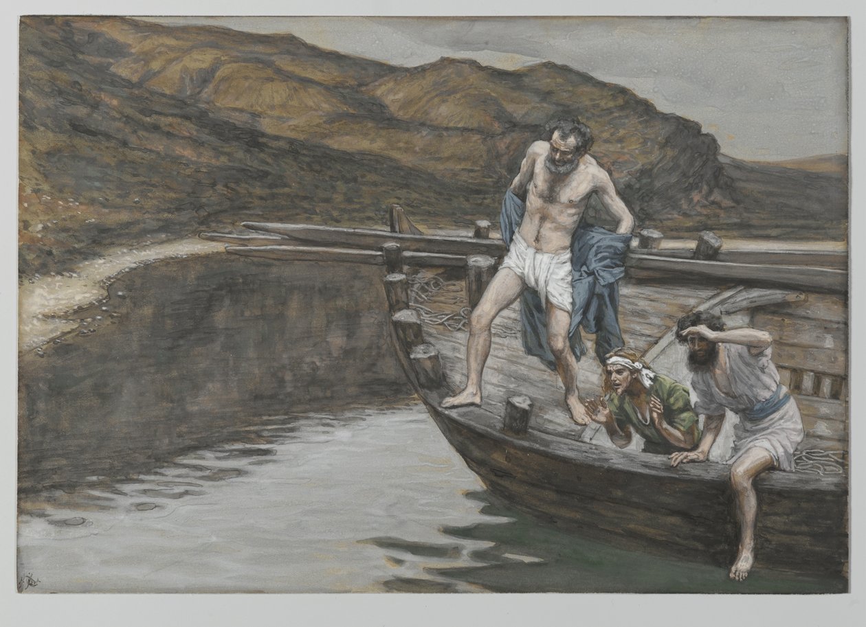 Pyhä Pietari, Pyhän Johanneksen varoittama Herran läsnäolosta, heittää itsensä veteen, esimerkki teoksesta Herramme Jeesuksen Kristuksen elämä, 1886-94 (wc grafiitin päällä paperilla) tekijältä James Jacques Joseph Tissot