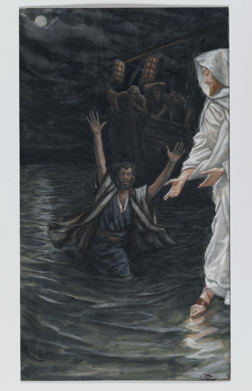 Pyhä Pietari kävelee merellä, kuva Herramme Jeesuksen Kristuksen elämästä (wc grafiitin päällä paperilla) tekijältä James Jacques Joseph Tissot
