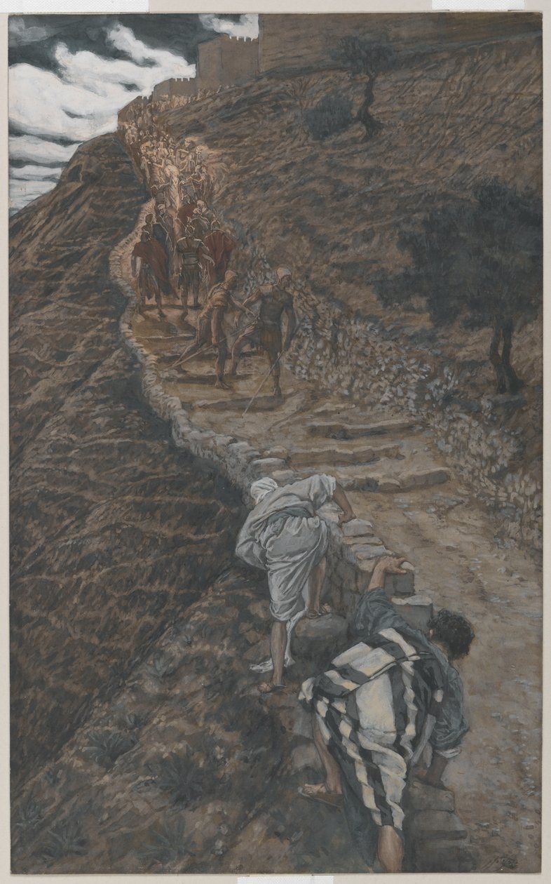 Pyhä Pietari ja pyhä Johannes Seuraa kaukaa, esimerkki teoksesta Herramme Jeesuksen Kristuksen elämä, 1886-94 (wc grafiitin päällä paperilla) tekijältä James Jacques Joseph Tissot