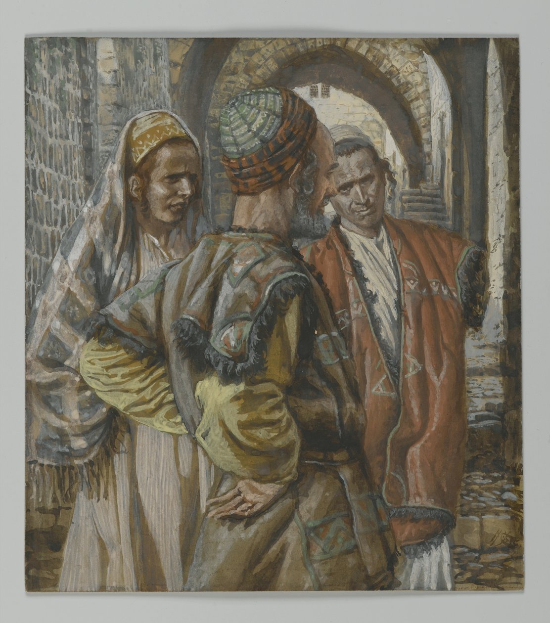 Simon Kyreniläinen ja hänen kaksi poikaansa Aleksanteri ja Rufus, kuvitus teoksesta Herramme Jeesuksen Kristuksen elämä, 1886-94 (wc grafiitin päällä paperilla) tekijältä James Jacques Joseph Tissot