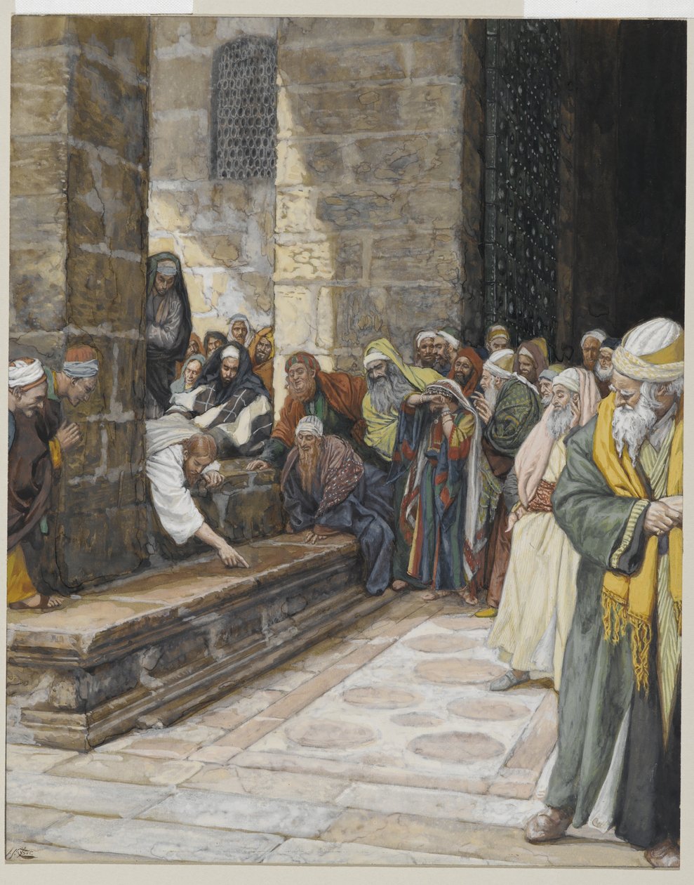 Aviorikollinen nainen - Kristus kirjoittaa maahan, kuvitus teoksesta Herramme Jeesuksen Kristuksen elämä, 1886-94 (wc grafiitin päällä paperilla) tekijältä James Jacques Joseph Tissot