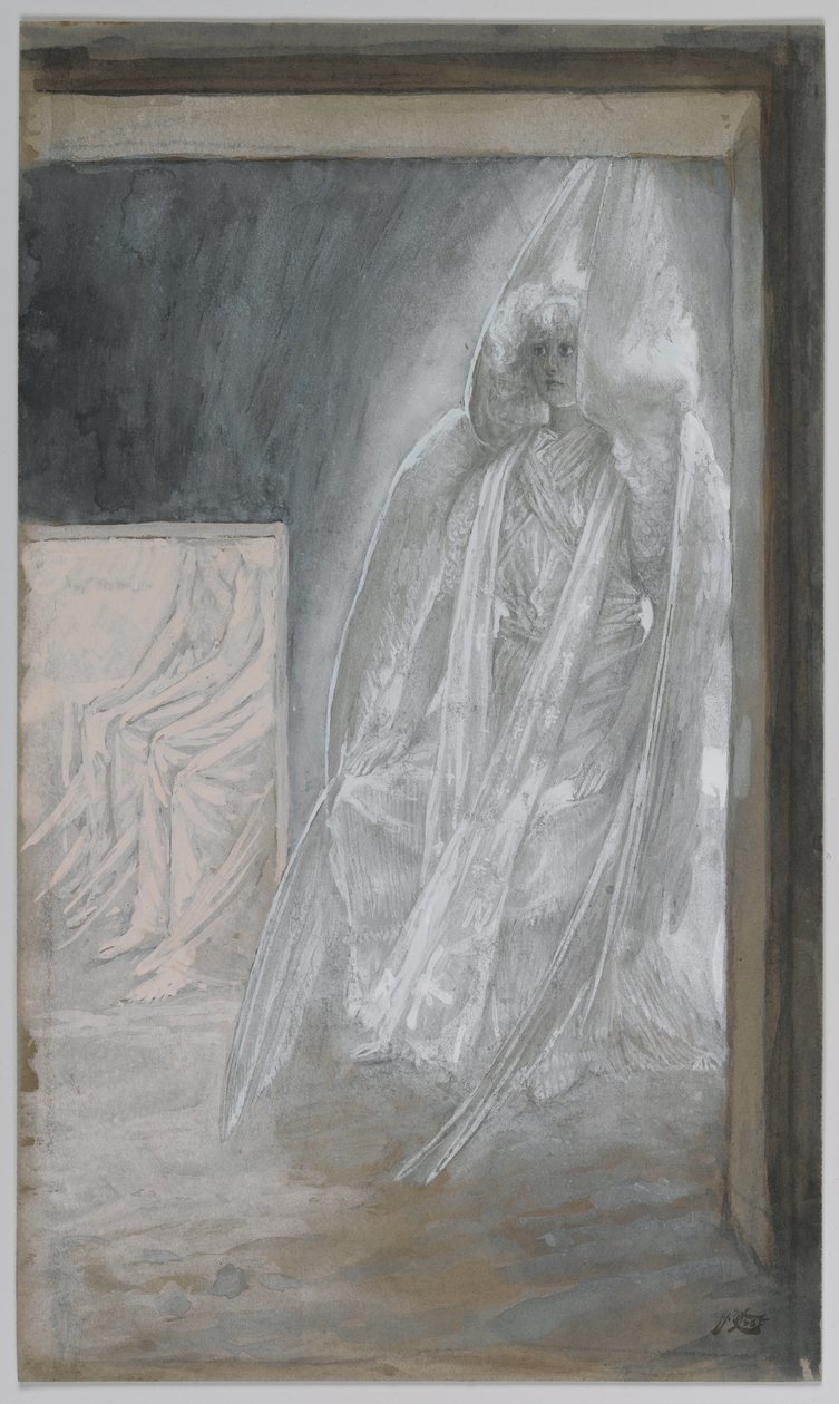 Enkeli istuu haudan kivellä, kuvitus teoksesta Herramme Jeesuksen Kristuksen elämä, 1886-94 (wc grafiitin päällä paperilla) tekijältä James Jacques Joseph Tissot