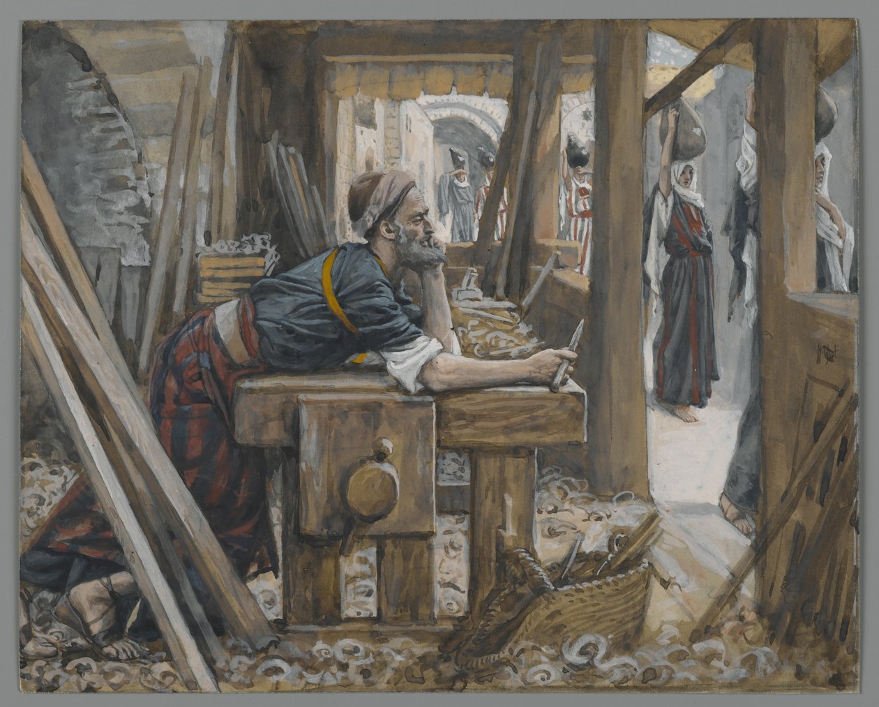 Pyhän Joosefin ahdistus, esimerkki teoksesta Herramme Jeesuksen Kristuksen elämä (wc grafiitin päällä paperilla) tekijältä James Jacques Joseph Tissot