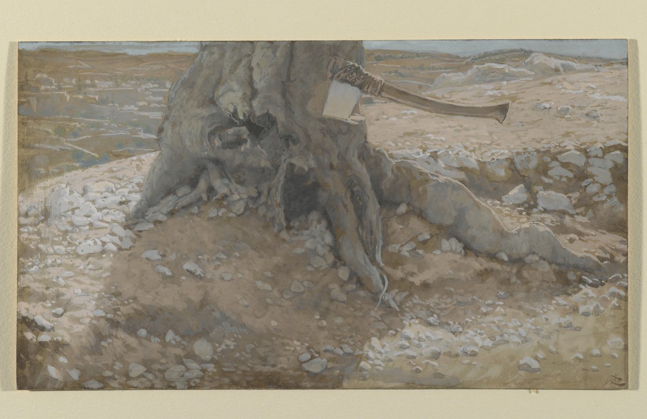 Kirves puun rungossa, kuva Herramme Jeesuksen Kristuksen elämästä (wc grafiitin päällä paperilla) tekijältä James Jacques Joseph Tissot
