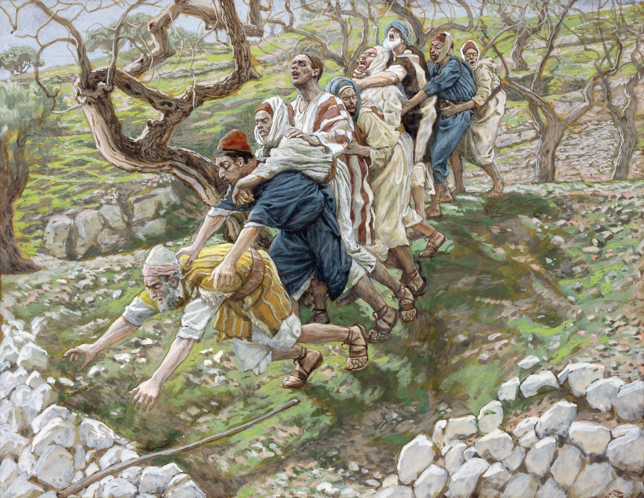 Sokeat johtavat sokeita, kuvitus teokseen The Life of Christ, n. 1886-1894 (wc ja guassi pahville) tekijältä James Jacques Joseph Tissot