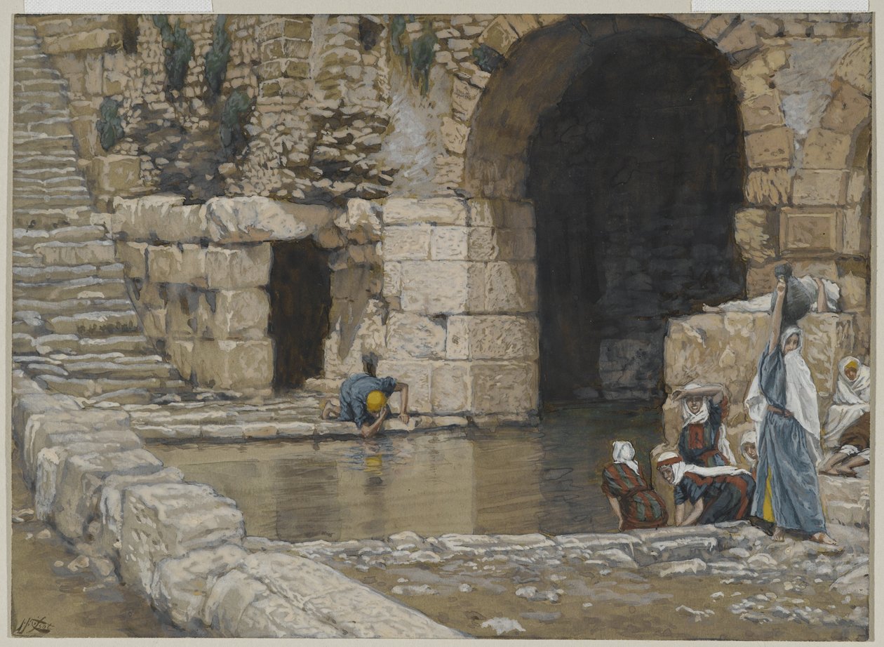 Sokea mies peseytyy Siloamin altaassa, esimerkki teoksesta Herramme Jeesuksen Kristuksen elämä, 1886-96 (wc grafiitin päällä paperilla) tekijältä James Jacques Joseph Tissot