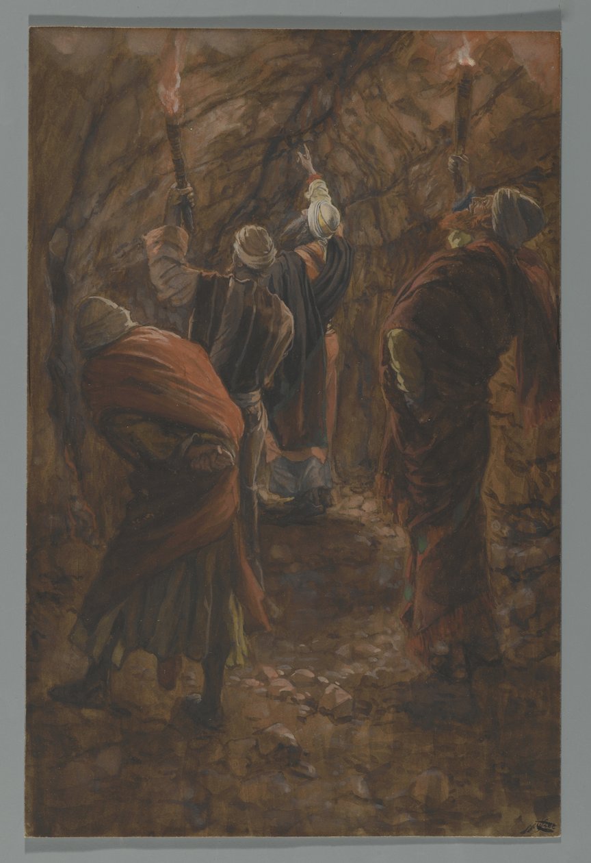 Kuilu kalliossa Golgatan alla olevassa luolassa, esimerkki teoksesta Herramme Jeesuksen Kristuksen elämä, 1886-94 (wc grafiitin päällä paperilla) tekijältä James Jacques Joseph Tissot