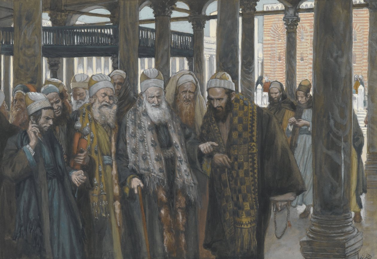 Ylipapit neuvottelevat yhdessä, esimerkki teoksesta Herramme Jeesuksen Kristuksen elämä, 1886-94 (wc grafiitin päällä paperilla) tekijältä James Jacques Joseph Tissot