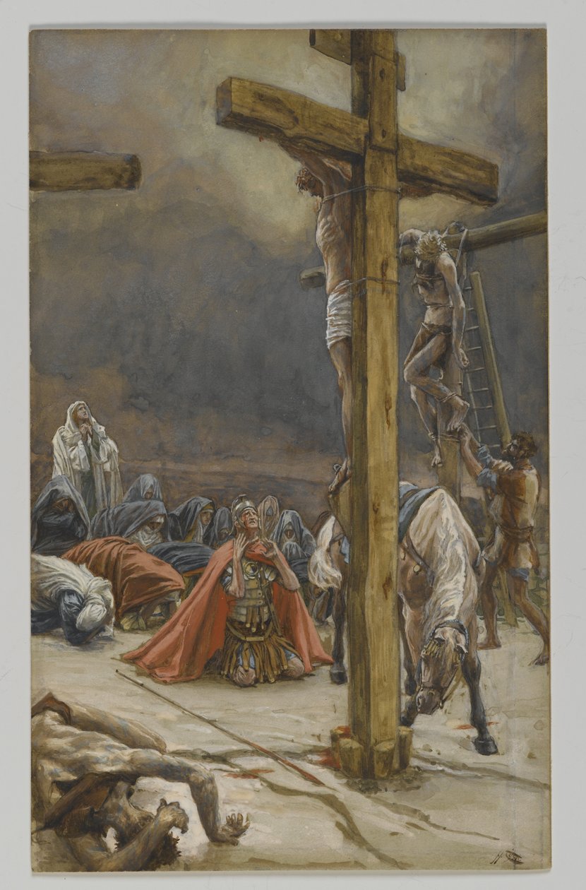 Pyhän Longinuksen tunnustus, esimerkki teoksesta Herramme Jeesuksen Kristuksen elämä, 1886-94 (wc grafiitin päällä paperilla) tekijältä James Jacques Joseph Tissot
