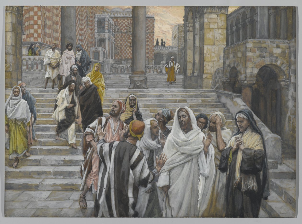 Opetuslapset ihailevat temppelin rakennuksia, esimerkki teoksesta Herramme Jeesuksen Kristuksen elämä, 1886-94 (wc grafiitin päällä paperilla) tekijältä James Jacques Joseph Tissot