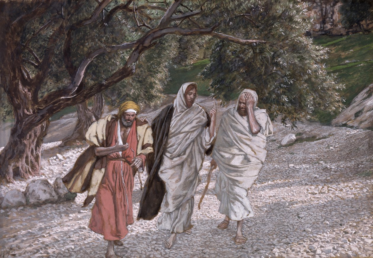 Opetuslapset tiellä Emmaukseen, kuvitus teokseen The Life of Christ, n. 1884-1896 (wc ja guassi pahville) tekijältä James Jacques Joseph Tissot