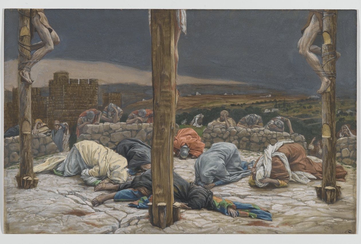 Maanjäristys, esimerkki teoksesta The Life of Our Lord Jesus Christ, 1886-94 (wc grafiitin päällä paperilla) tekijältä James Jacques Joseph Tissot