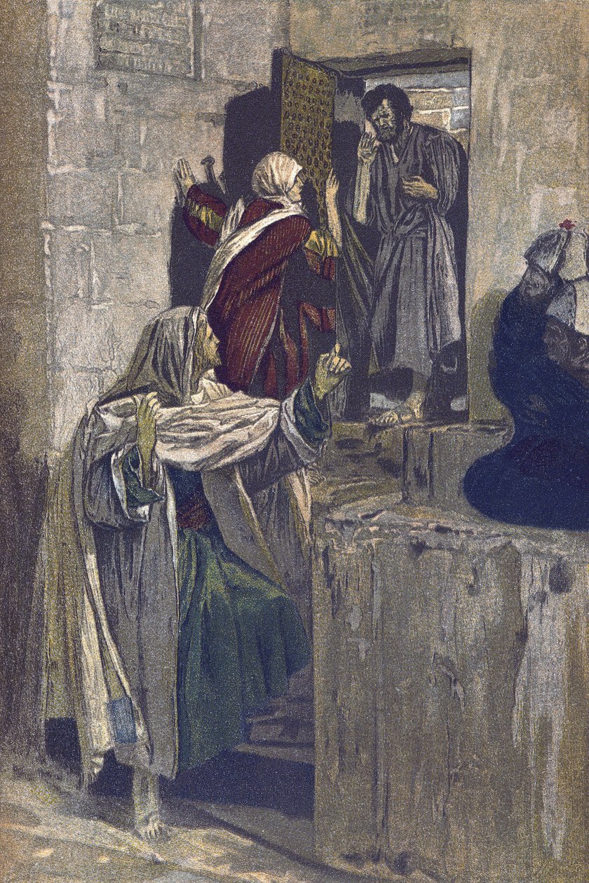 Pyhän Pietarin ensimmäinen kieltäminen - Pyhän Pietarin ensimmäinen kieltäminen - "Herramme Jeesuksen Kristuksen elämästä" - 1899, James Tissot - La vie de notre seigneur Jesus Christ, kirjoittanut Jacques Joseph (Jacques Joseph) Tissot dit James Tissot (1 tekijältä James Jacques Joseph Tissot