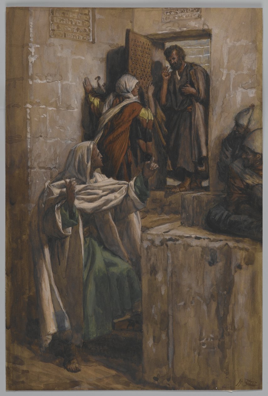 Pyhän Pietarin ensimmäinen kieltäminen, esimerkki teoksesta Herramme Jeesuksen Kristuksen elämä, 1886-94 (wc grafiitin päällä paperilla) tekijältä James Jacques Joseph Tissot