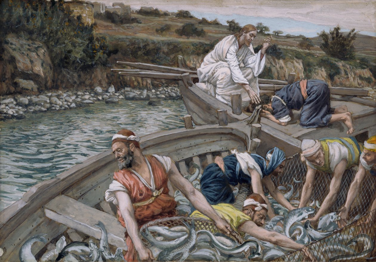 Ensimmäinen ihmeellinen kalaluonnos, kuvitus teokselle The Life of Christ, n. 1886-1894 (wc ja guassi pahville) tekijältä James Jacques Joseph Tissot