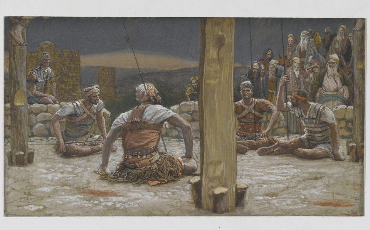 Neljä vartijaa istui ja katseli häntä, esimerkki teoksesta Herramme Jeesuksen Kristuksen elämä, 1886-94 (wc grafiitin päällä paperilla) tekijältä James Jacques Joseph Tissot