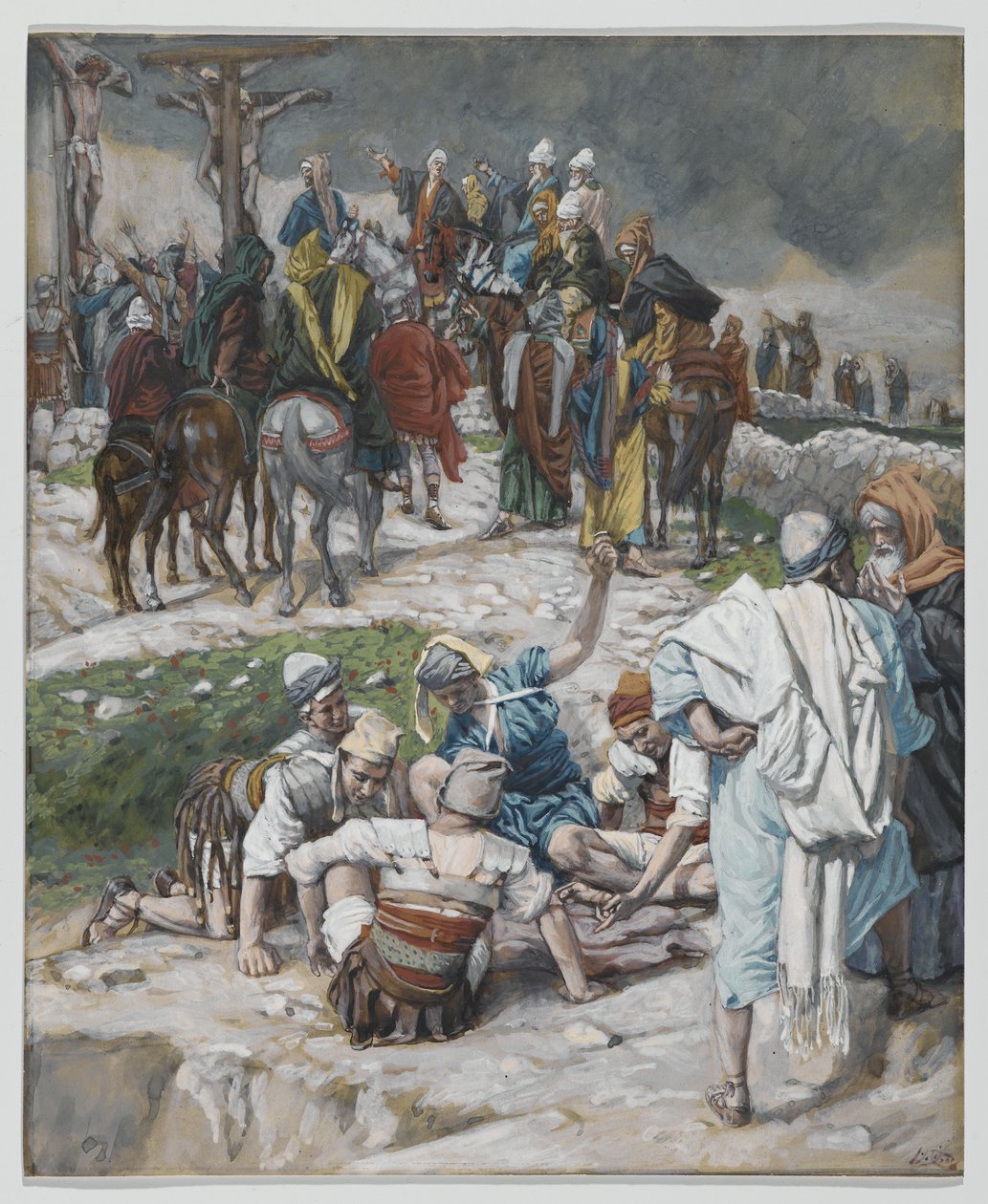 Valuerillä jaetut vaatteet, kuva Herramme Jeesuksen Kristuksen elämästä, 1886-94 (wc grafiitin päällä paperilla) tekijältä James Jacques Joseph Tissot