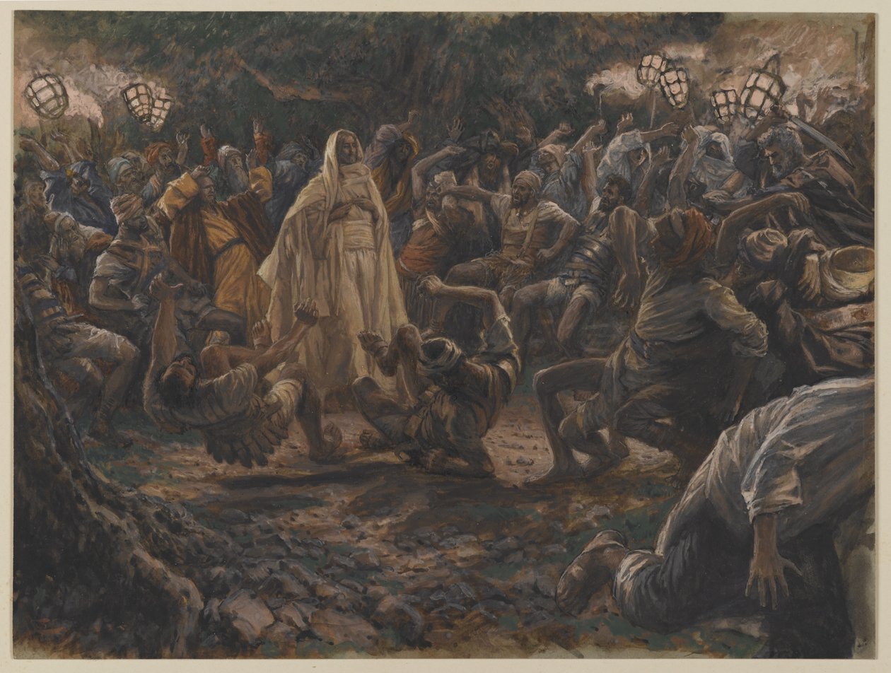 Vartijat putoavat taaksepäin, esimerkki teoksesta Herramme Jeesuksen Kristuksen elämä, 1886-94 (wc grafiitin päällä paperilla) tekijältä James Jacques Joseph Tissot