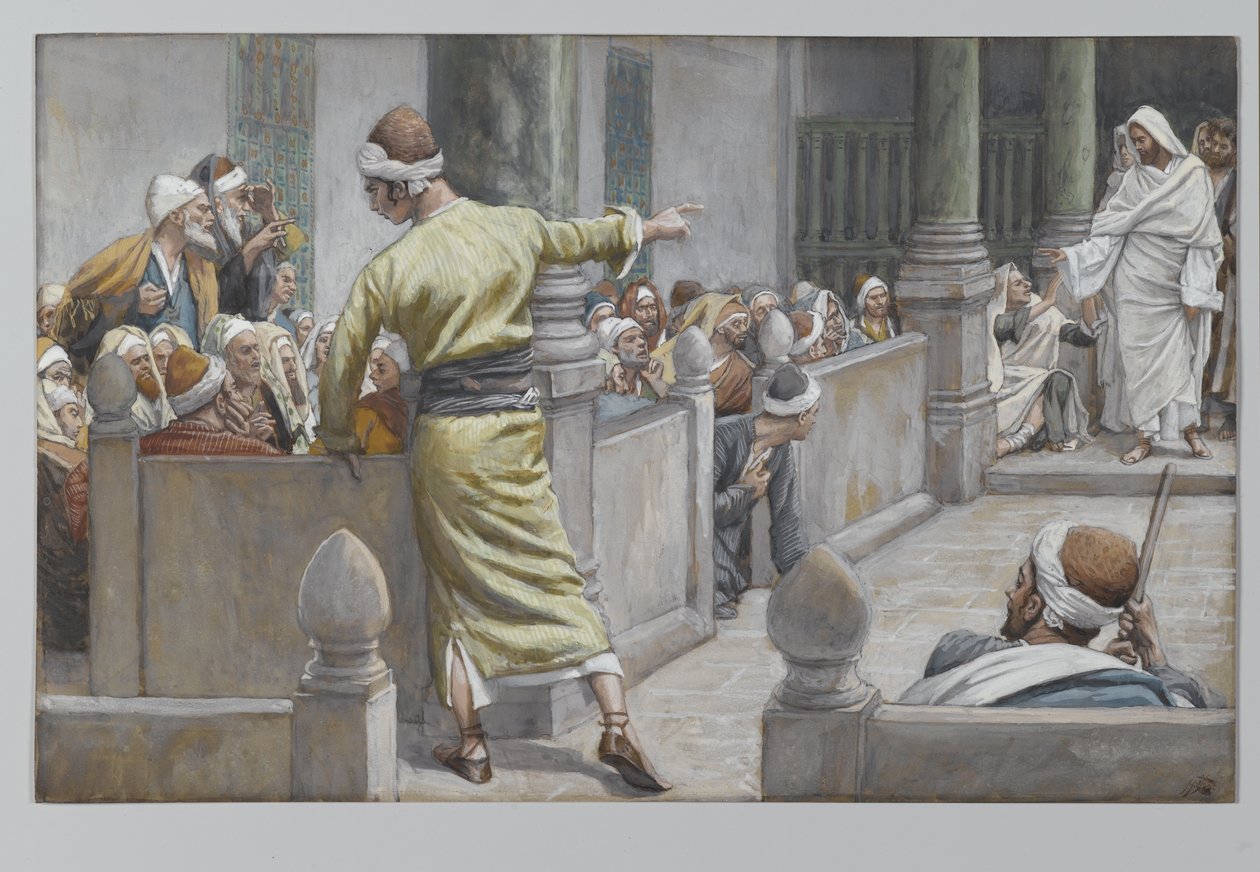 Parannettu sokea mies kertoo tarinansa juutalaisille, esimerkki teoksesta Herramme Jeesuksen Kristuksen elämä, 1886-96 (wc grafiitin päällä paperilla) tekijältä James Jacques Joseph Tissot