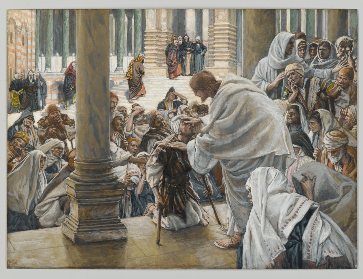 Ontuvien paraneminen temppelissä, kuvitus teokselle The Life of Christ, n. 1886-1894 (wc ja guassi pahville) tekijältä James Jacques Joseph Tissot