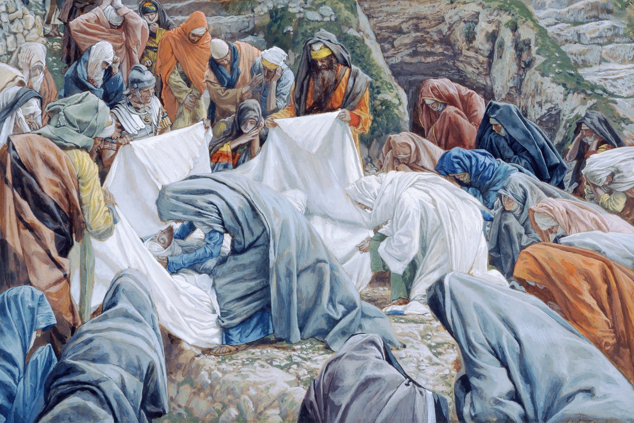 Pyhä Neitsyt suutelee Kristuksen kasvoja ennen kuin ne kääritään kelauslakanaan, kuvitus teokseen The Life of Christ, n. 1886-1894 (wc ja guassi pahville) tekijältä James Jacques Joseph Tissot