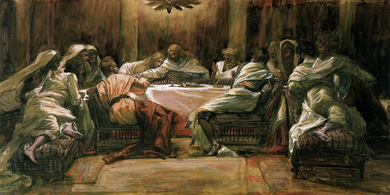 Viimeinen ehtoollinen. Juudas kastaa kätensä astiaan, kuvitus teokselle The Life of Christ, n. 1884-1896 (wc ja guassi pahville) tekijältä James Jacques Joseph Tissot