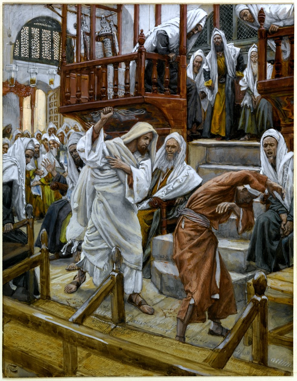 Paholaisen riivaama mies synagogassa, kuvitus teokselle The Life of Christ, n. 1884-1896 (wc ja guassi pahville) tekijältä James Jacques Joseph Tissot