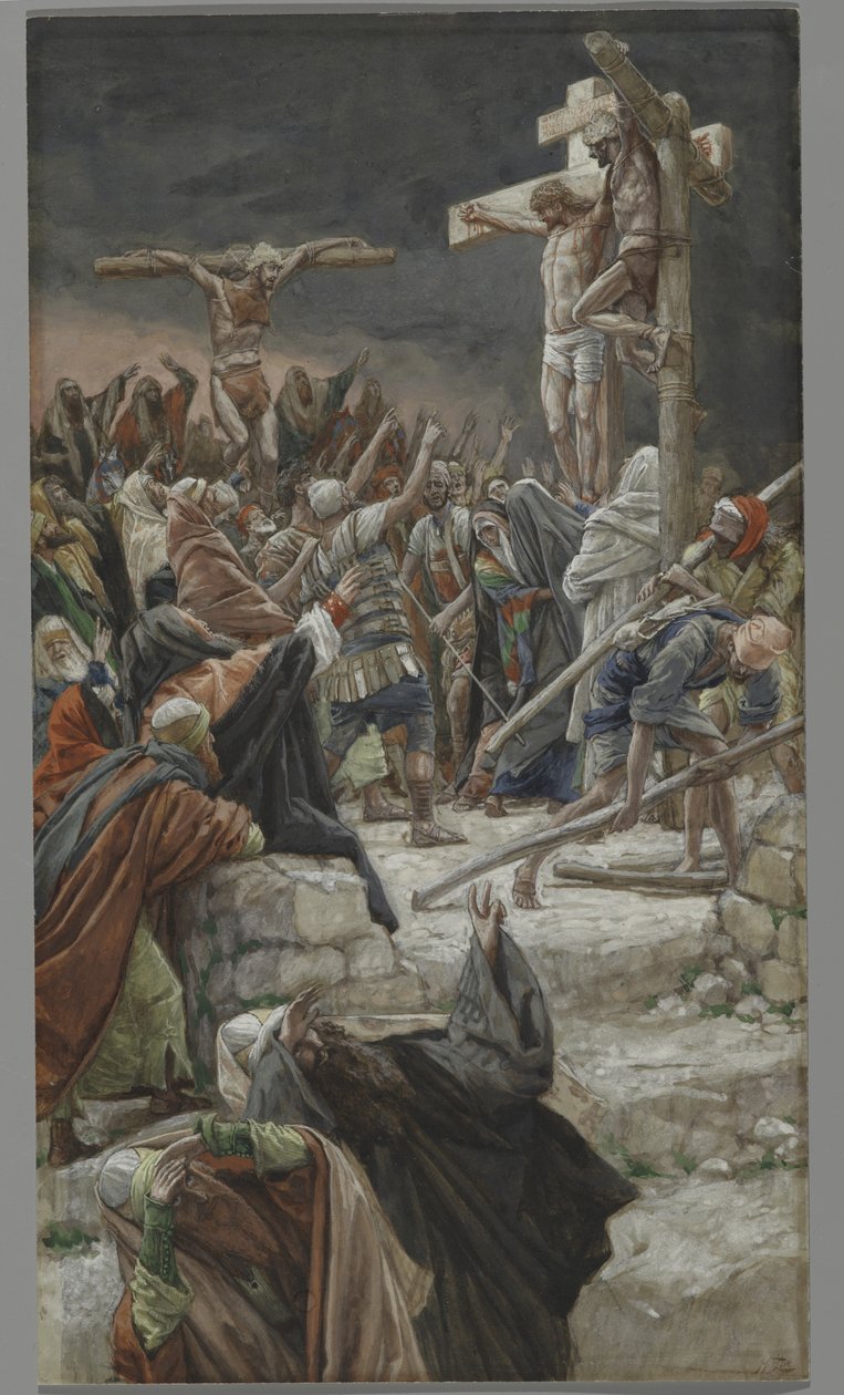 Hyvän varkaan anteeksianto, esimerkki teoksesta Herramme Jeesuksen Kristuksen elämä, 1886-94 (wc grafiitin päällä paperilla) tekijältä James Jacques Joseph Tissot