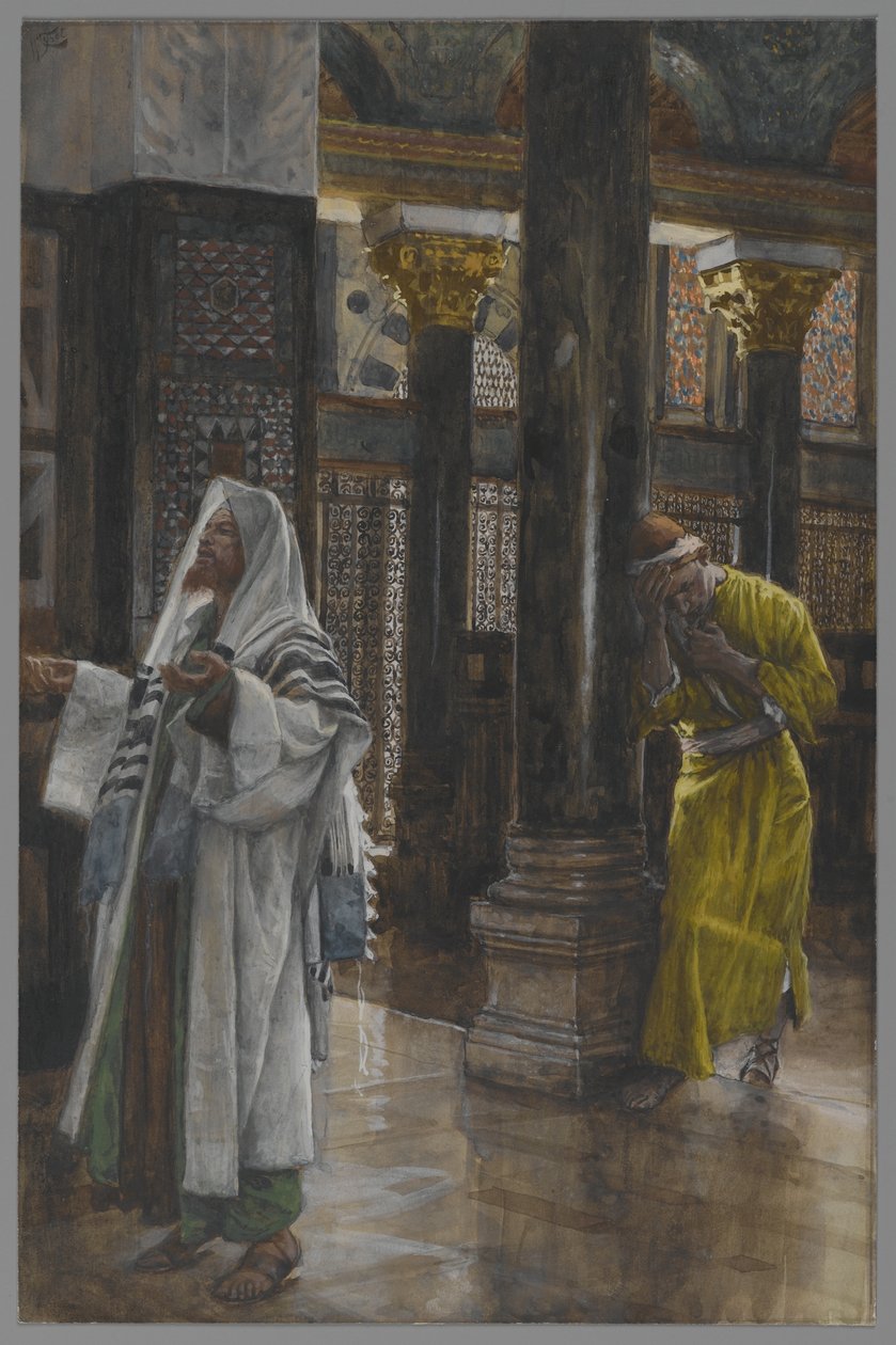 Fariseus ja publikaani, esimerkki teoksesta Herramme Jeesuksen Kristuksen elämä, 1886-94 (wc grafiitin päällä paperilla) tekijältä James Jacques Joseph Tissot