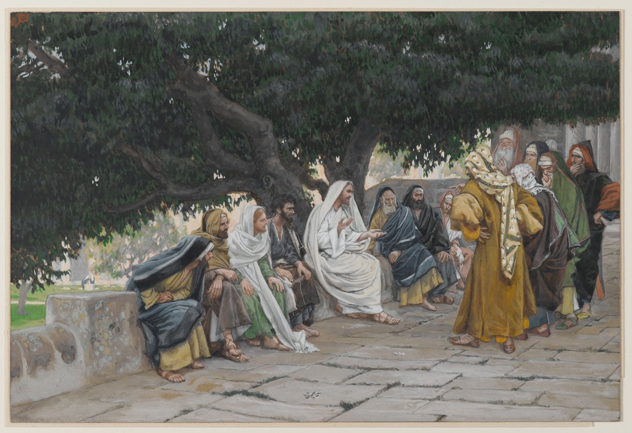 Fariseukset ja saddukeukset tulevat kiusaamaan Jeesusta, esimerkki teoksesta Herramme Jeesuksen Kristuksen elämä, 1886-94 (wc grafiitin päällä paperilla) tekijältä James Jacques Joseph Tissot