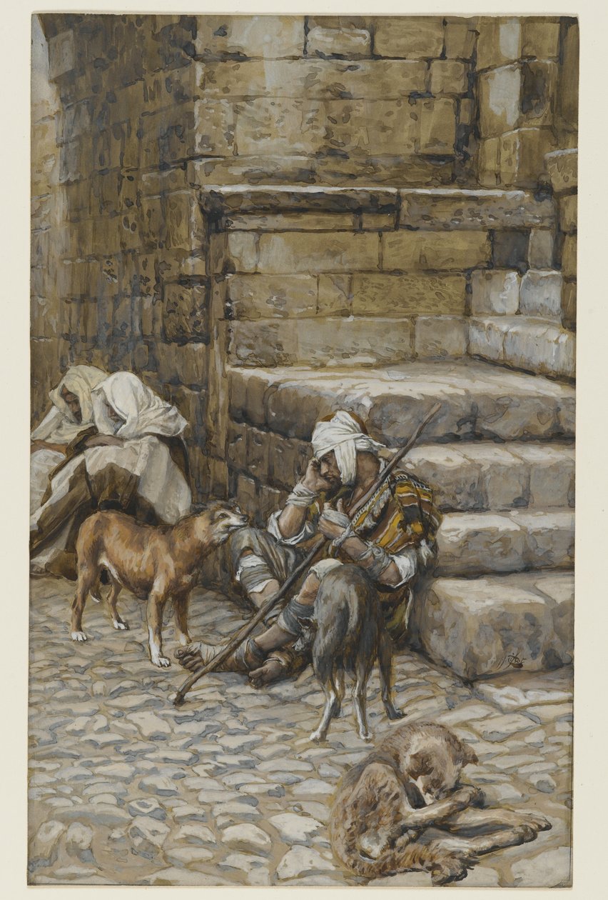 Köyhä Lasarus rikkaiden miehen ovella, esimerkki teoksesta The Life of Our Lord Jesus Christ (wc grafiitin päällä paperilla) tekijältä James Jacques Joseph Tissot