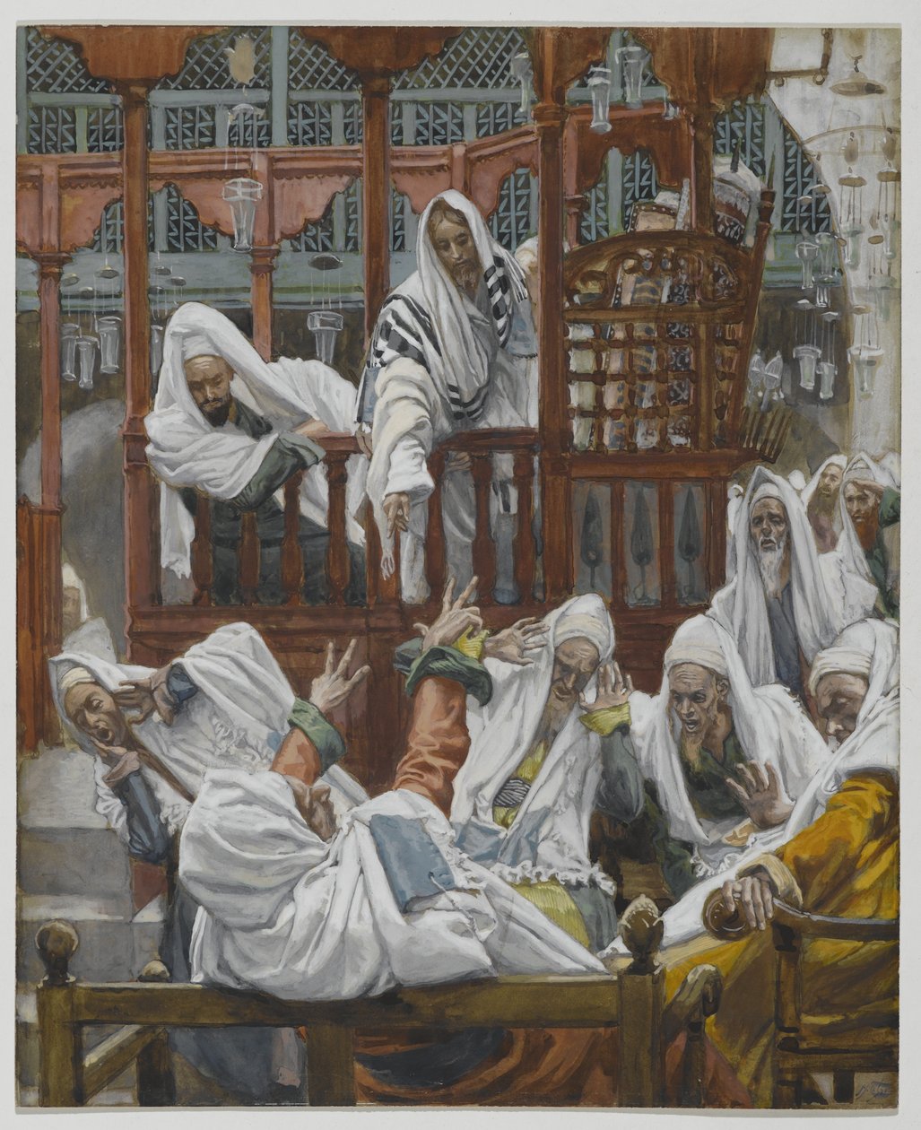 Riisuttu mies synagogassa, esimerkki teoksesta Herramme Jeesuksen Kristuksen elämä (wc grafiitin päällä paperilla) tekijältä James Jacques Joseph Tissot