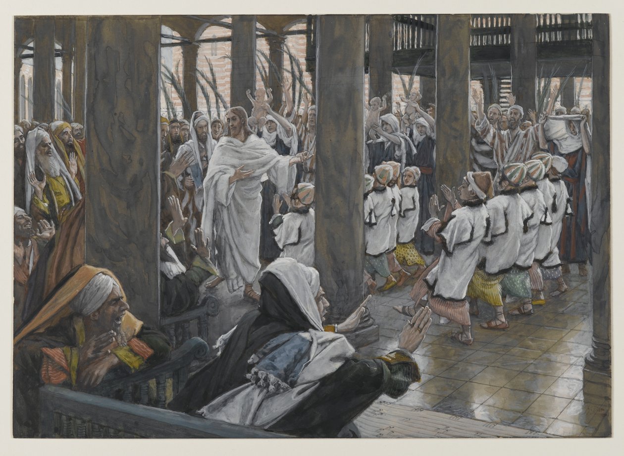 Kulkue temppelissä, kuva Herramme Jeesuksen Kristuksen elämästä, 1886-94 (wc grafiitin päällä paperilla) tekijältä James Jacques Joseph Tissot