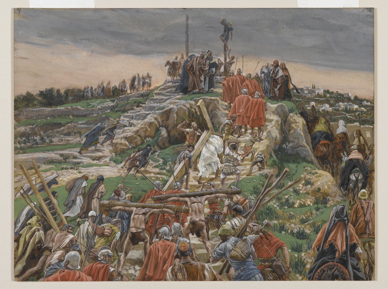 Kulkue lähestyy Golgataa, esimerkki teoksesta Herramme Jeesuksen Kristuksen elämä, 1886-94 (wc grafiitin päällä paperilla) tekijältä James Jacques Joseph Tissot