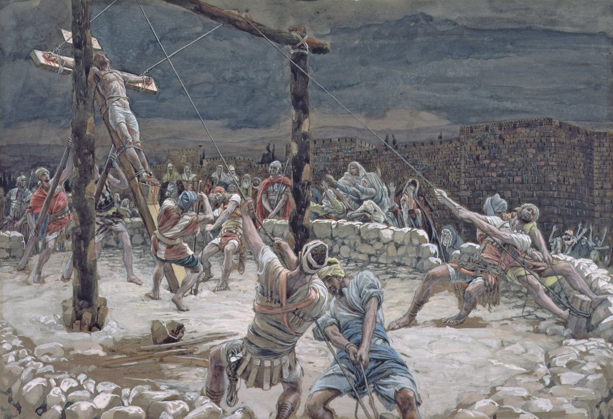 Ristin nostaminen, kuvitus teokselle The Life of Christ, n. 1886-1894 (wc ja guassi pahville) tekijältä James Jacques Joseph Tissot