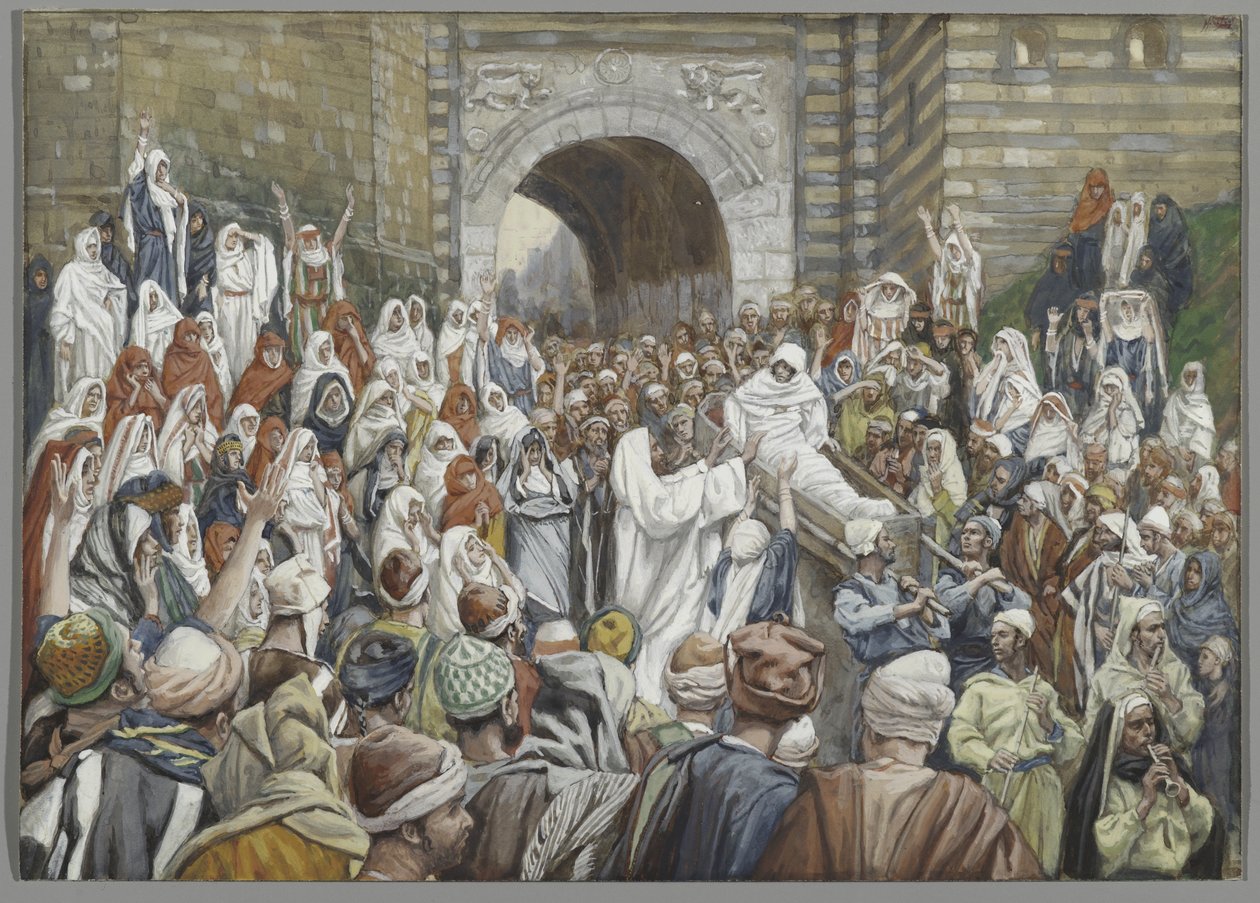 Lesken pojan ylösnousemus Nainissa, esimerkki teoksesta "Herramme Jeesuksen Kristuksen elämä" (akvarelli grafiitin päällä paperille) tekijältä James Jacques Joseph Tissot