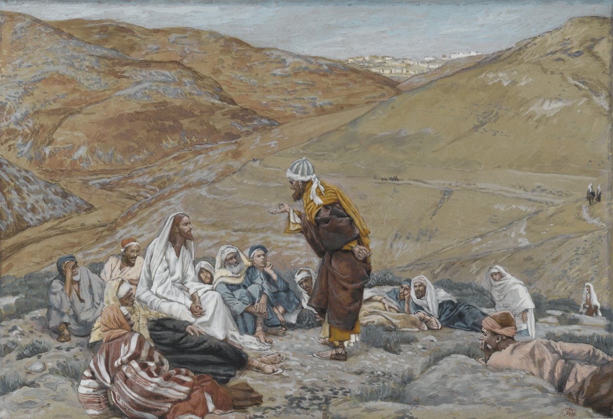 Kirjankirjoittaja seisoi kiusaamassa Jeesusta, esimerkki teoksesta The Life of Our Lord Jesus Christ, 1886-94 (wc grafiitin päällä paperilla) tekijältä James Jacques Joseph Tissot