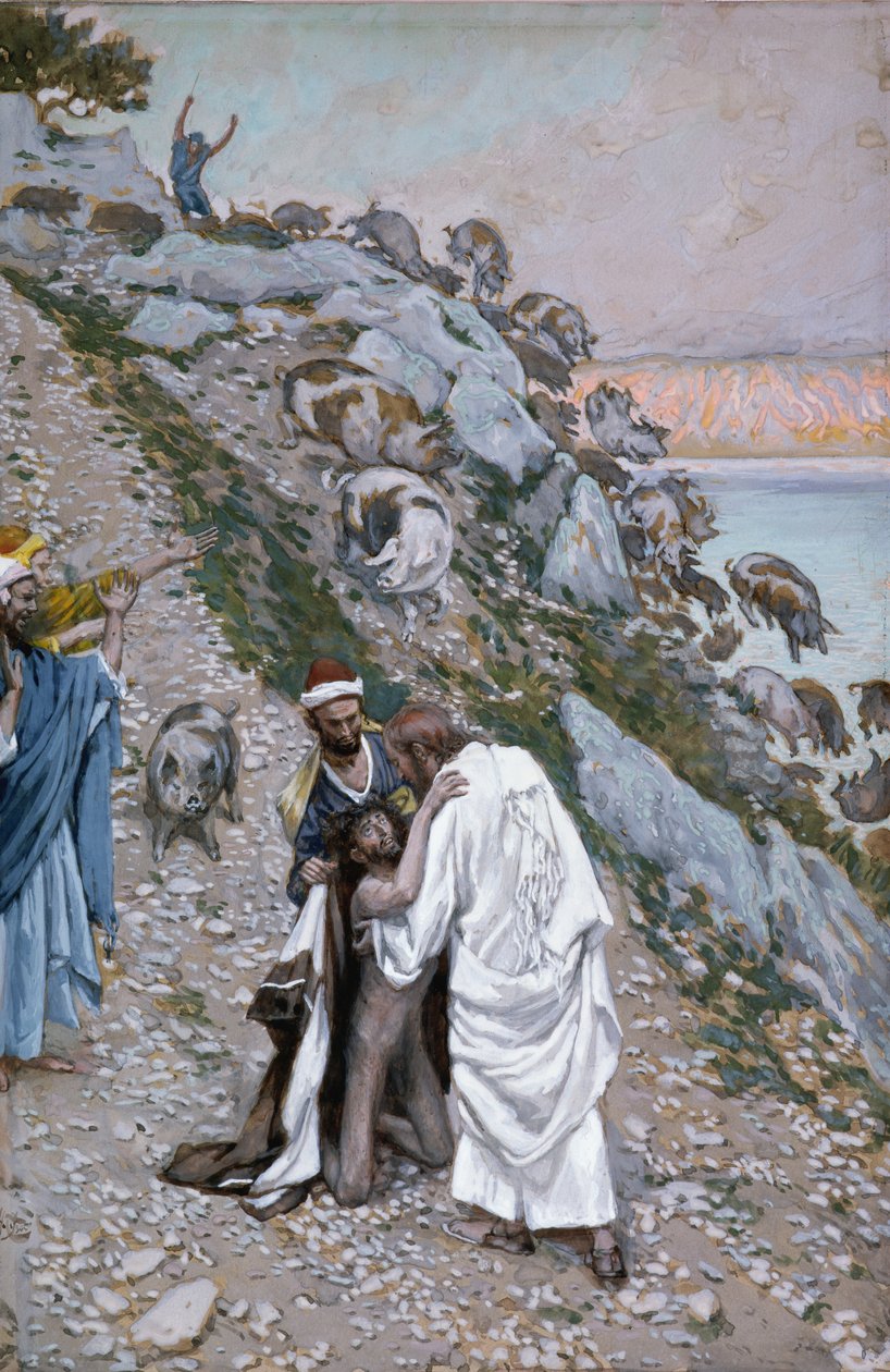 Mereen ajetut siat, kuvitus teokseen The Life of Christ, n. 1886-1894 (wc ja guassi pahville) tekijältä James Jacques Joseph Tissot