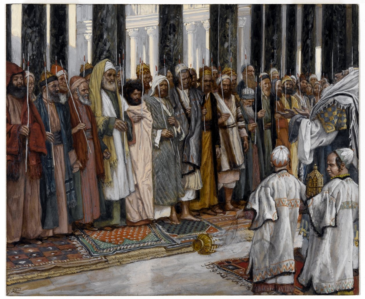 The Testing of the Suitors of the Holy Virgin, illustration of the life of Christ, n. 1886-94 (läpinäkymätön wc grafiitin päällä harmaalla kudottupaperilla) tekijältä James Jacques Joseph Tissot