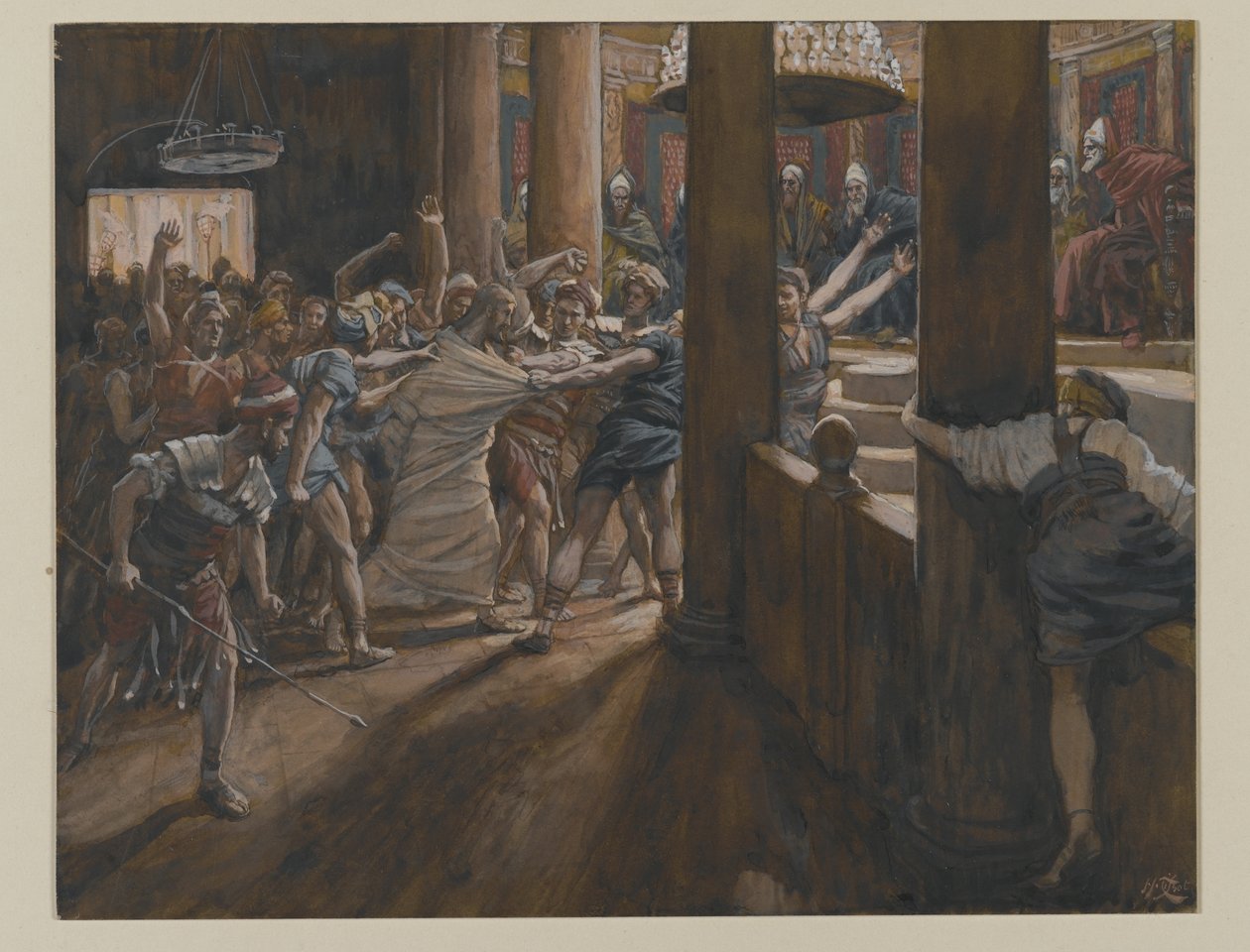 The Tribunal of Annas, esimerkki teoksesta The Life of Our Lord Jesus Christ, 1886-94 (wc grafiitin päällä paperilla) tekijältä James Jacques Joseph Tissot