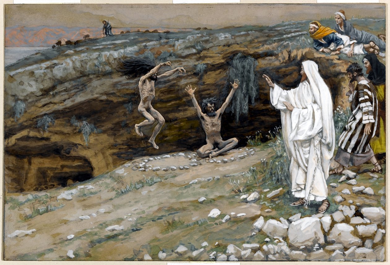 Kaksi epäpuhtaiden henkien riivaamaa miestä, kuvitus teoksesta The Life of Christ, n. 1884-1896 (wc ja guassi pahville) tekijältä James Jacques Joseph Tissot