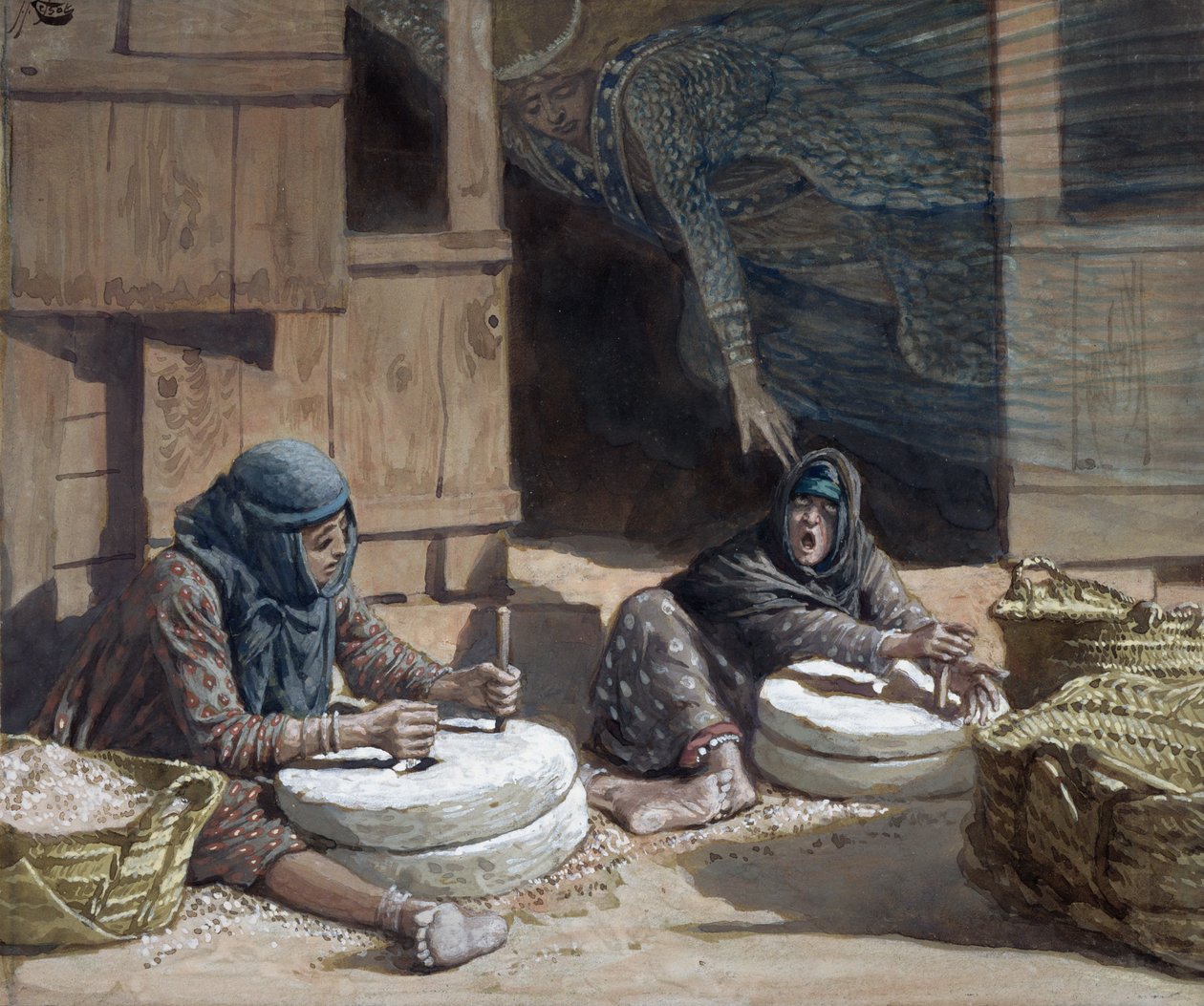Kaksi naista tehtaalla, kuvitus teokseen The Life of Christ, n. 1886-1894 (wc ja guassi pahville) tekijältä James Jacques Joseph Tissot