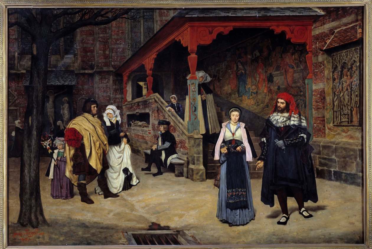 Faustin ja Margaritan tapaaminen Johann Wolfgang von Goethen kuvitus "Faustista". Jacques Josephin (Jacques-Joseph) maalaus Tissot, James Tissot (1836-1902) tekijältä James Jacques Joseph Tissot