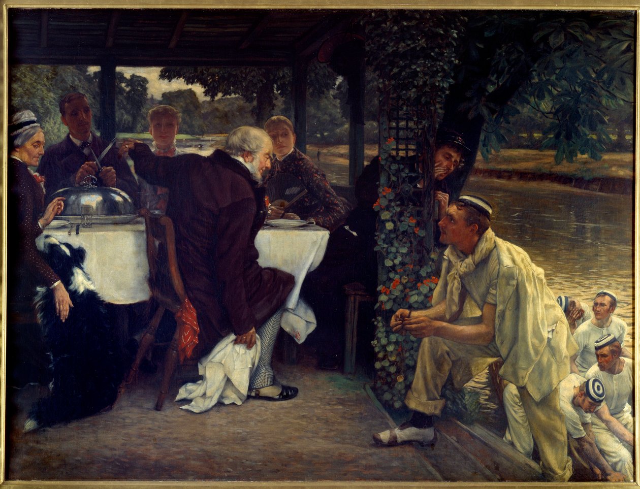 Tuhlaajapojan paluu: lihava vasikka Moderni sovitus vertauksesta tuhlaajalapsesta, joka palaa katuvan isänsä luo. Jacques Josephin maalaus (Jacques-Joseph) Tissot dit James Tissot (1836-1902) 1880 Su. 1x1,3 m Nantes, musee des Beaux tekijältä James Jacques Joseph Tissot